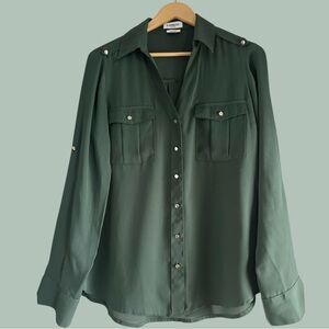 Express Dark Green Button-Down Blouse